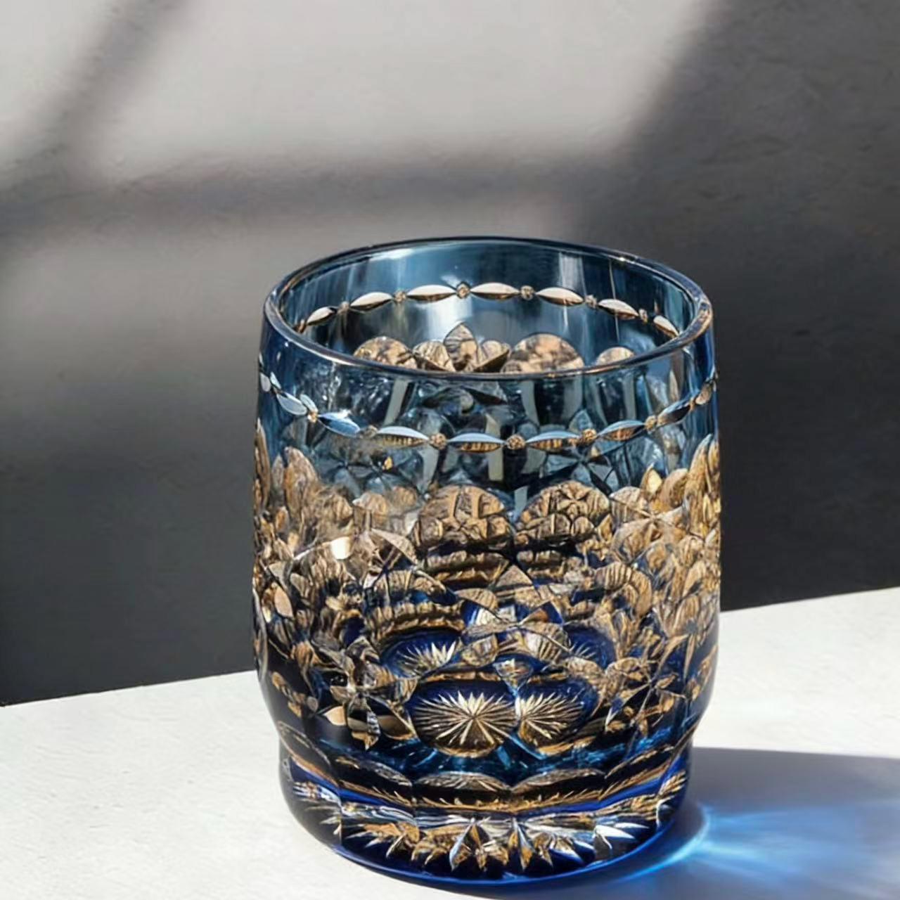 Blue Golden Floral Edo Kiriko Crystal Glass | Luxury Handmade Gift🎁