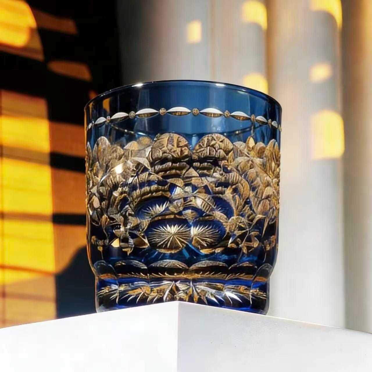 Blue Golden Floral Edo Kiriko Crystal Glass | Luxury Handmade Gift🎁