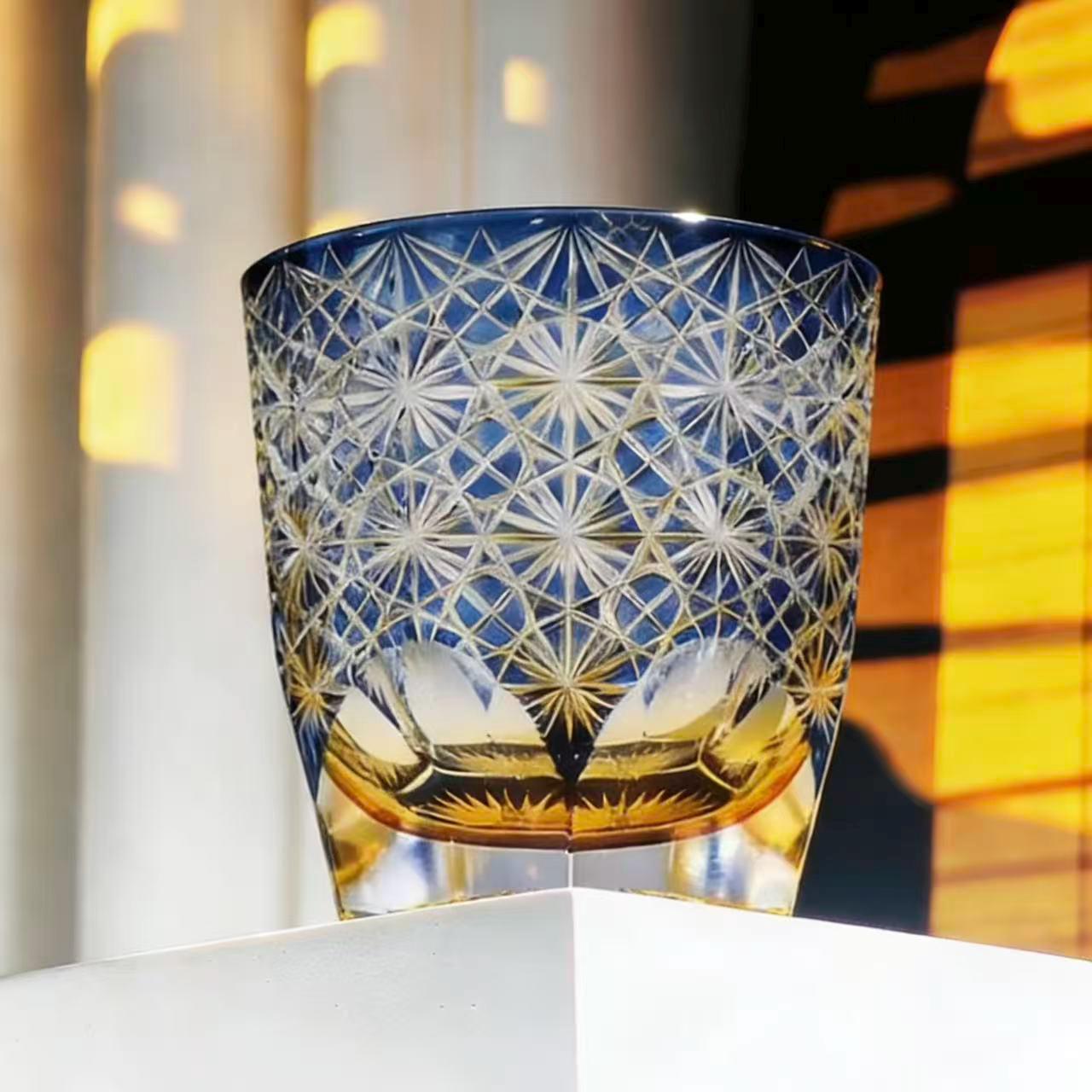 Blue Amber Star Web Edo Kiriko Crystal Glass | Luxury Handmade Gift