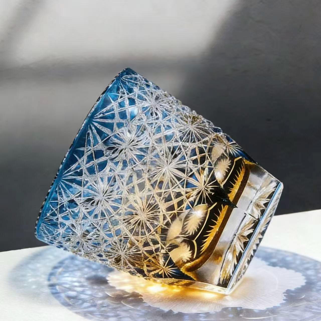 Blue Amber Star Web Edo Kiriko Crystal Glass | Luxury Handmade Gift