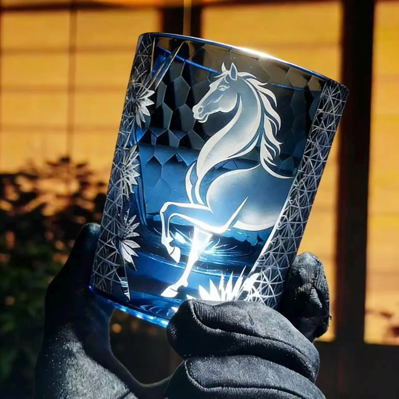 Blue Galloping Horse Edo Kiriko Crystal Glass | Luxury Handmade Gift🎁