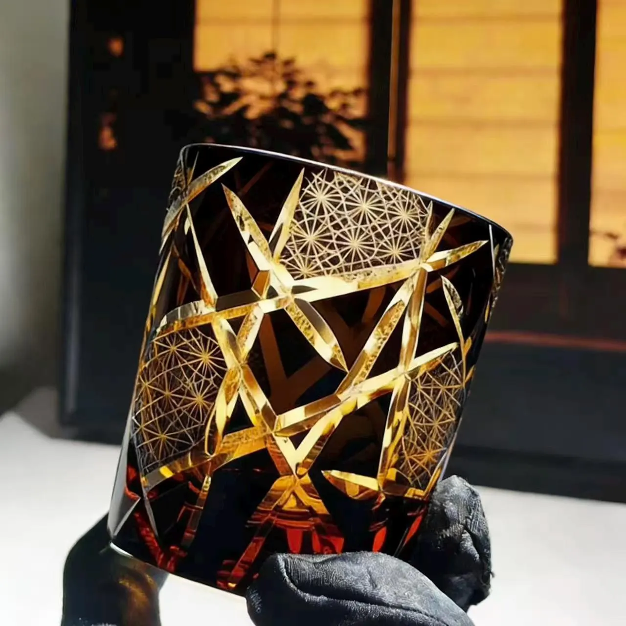 Amber Golden Star Web Edo Kiriko Crystal Glass | Luxury Handmade Gift🎁