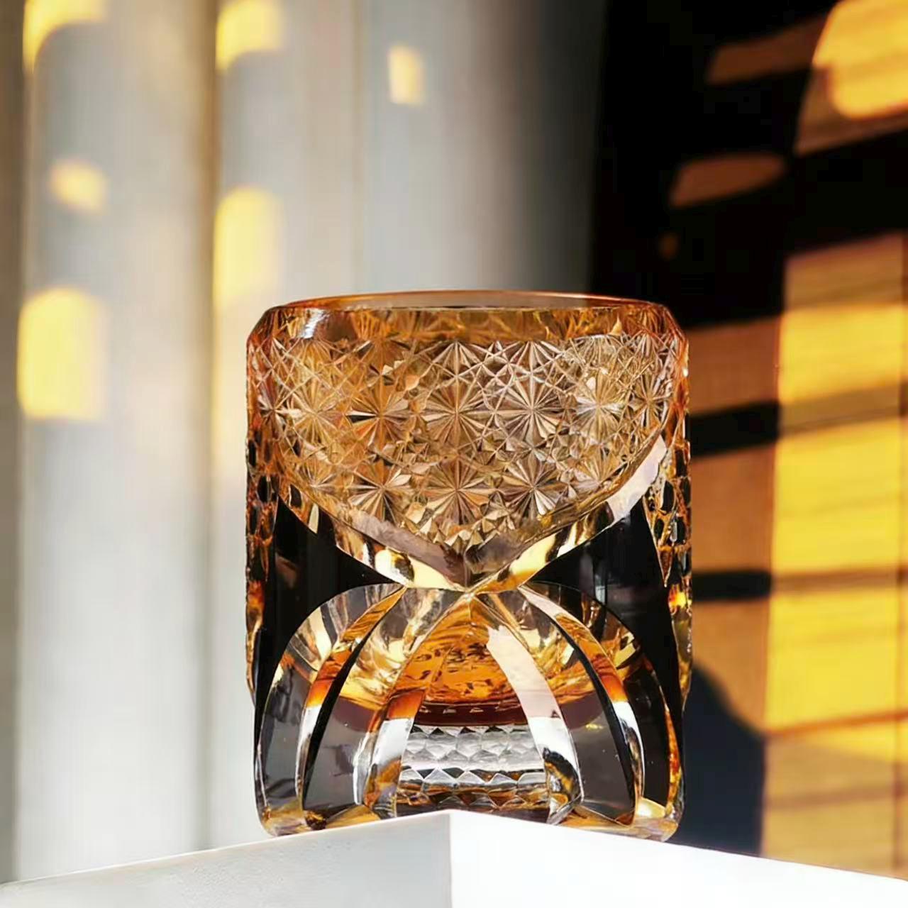Amber Black Star Web Edo Kiriko Crystal Glass | Luxury Handmade Gift 🎁