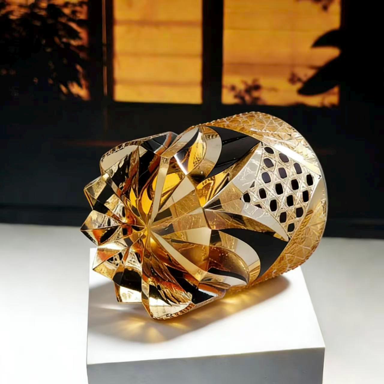 Amber Black Star Web Edo Kiriko Crystal Glass | Luxury Handmade Gift 🎁