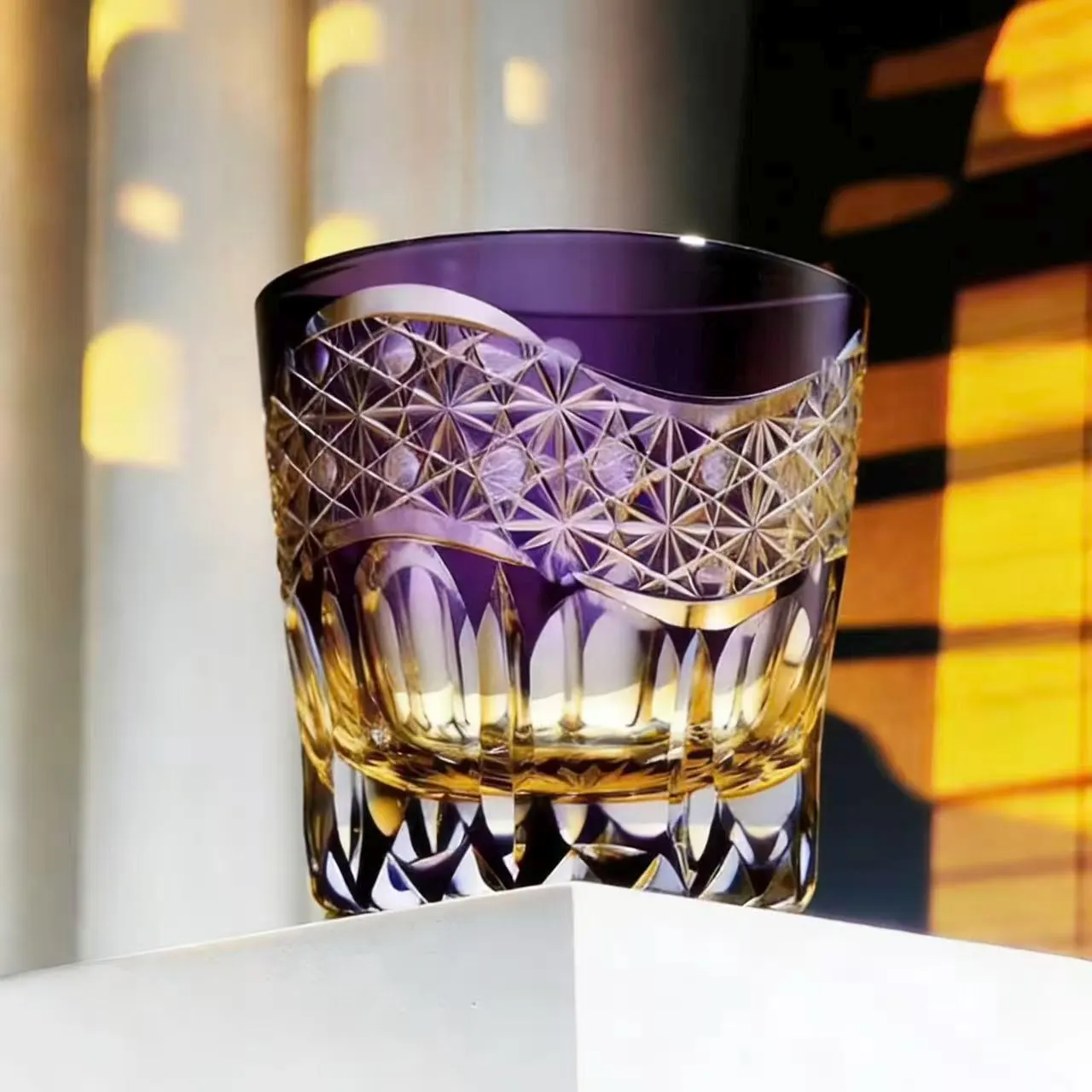 Purple Amber Wave Star Web Edo Kiriko Crystal Glass | Luxury Handmade Gift 