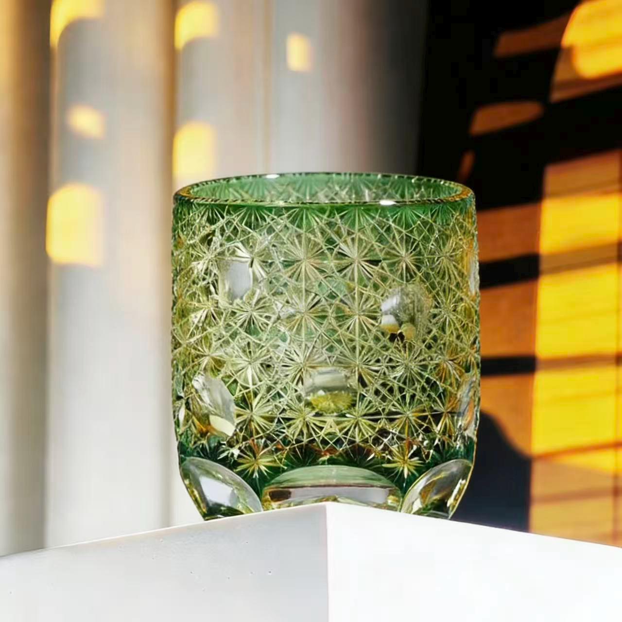 Green Star Web Edo Kiriko Crystal Glass | Luxury Handmade Gift