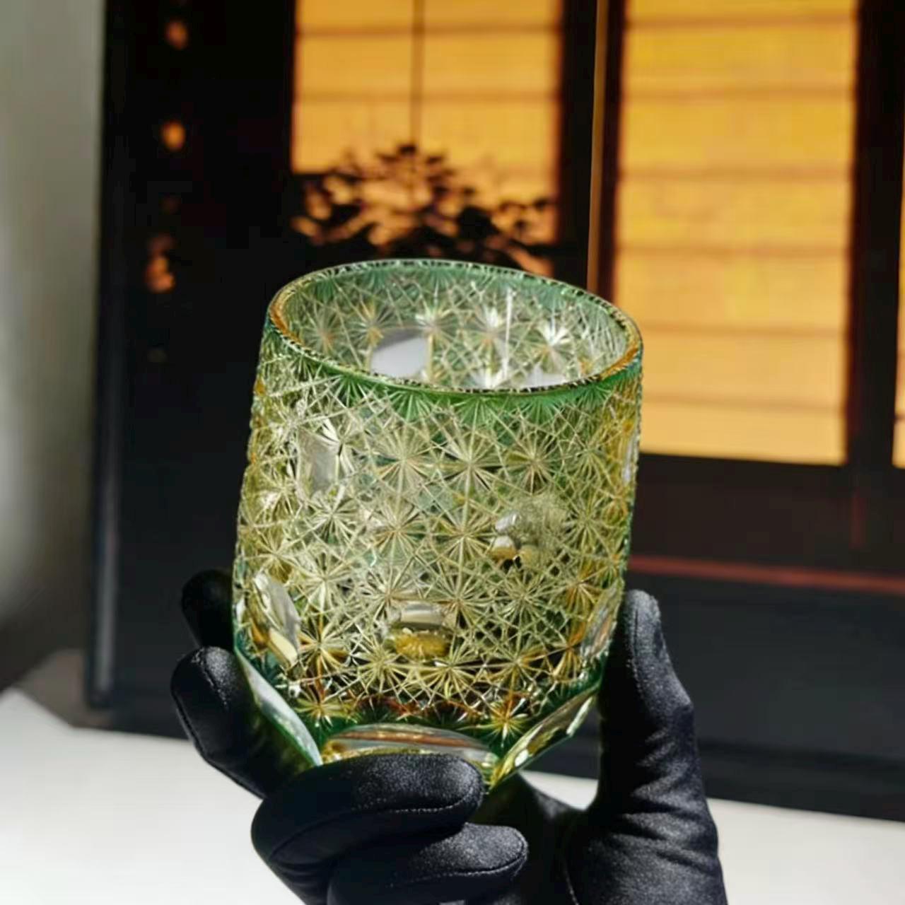 Green Star Web Edo Kiriko Crystal Glass | Luxury Handmade Gift