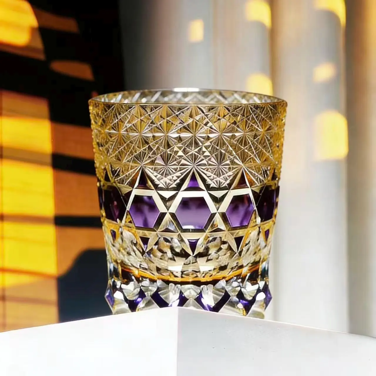 Gold Purple Hexagon Star Edo Kiriko Crystal Glass | Luxury Handmade Gift