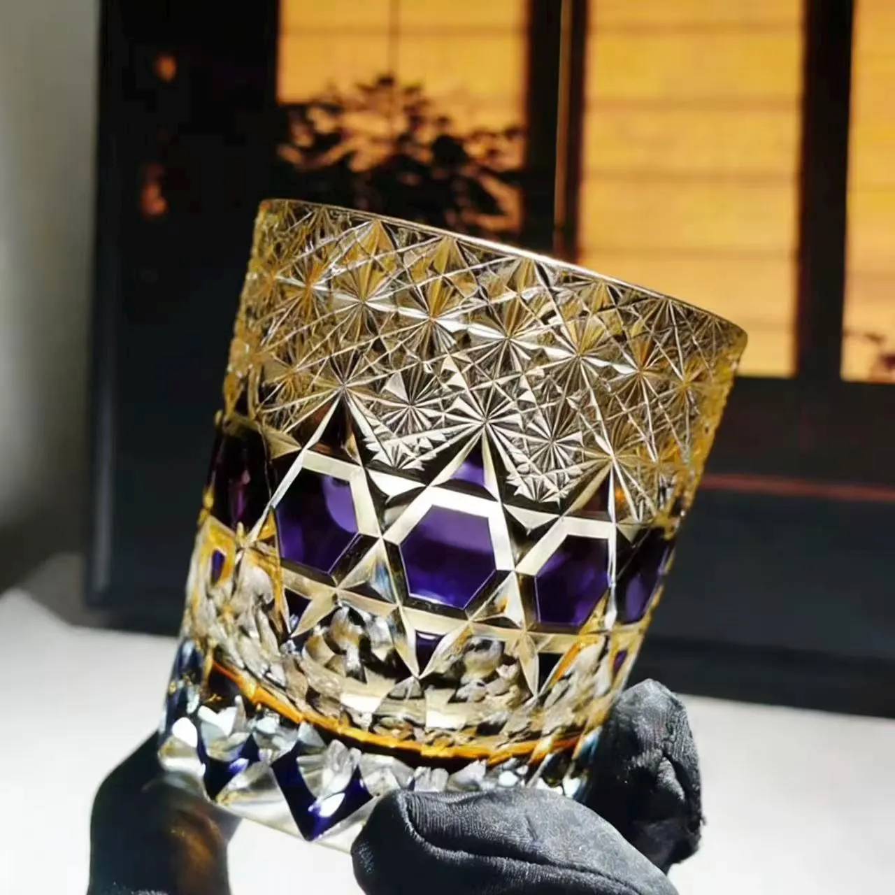 Gold Purple Hexagon Star Edo Kiriko Crystal Glass | Luxury Handmade Gift