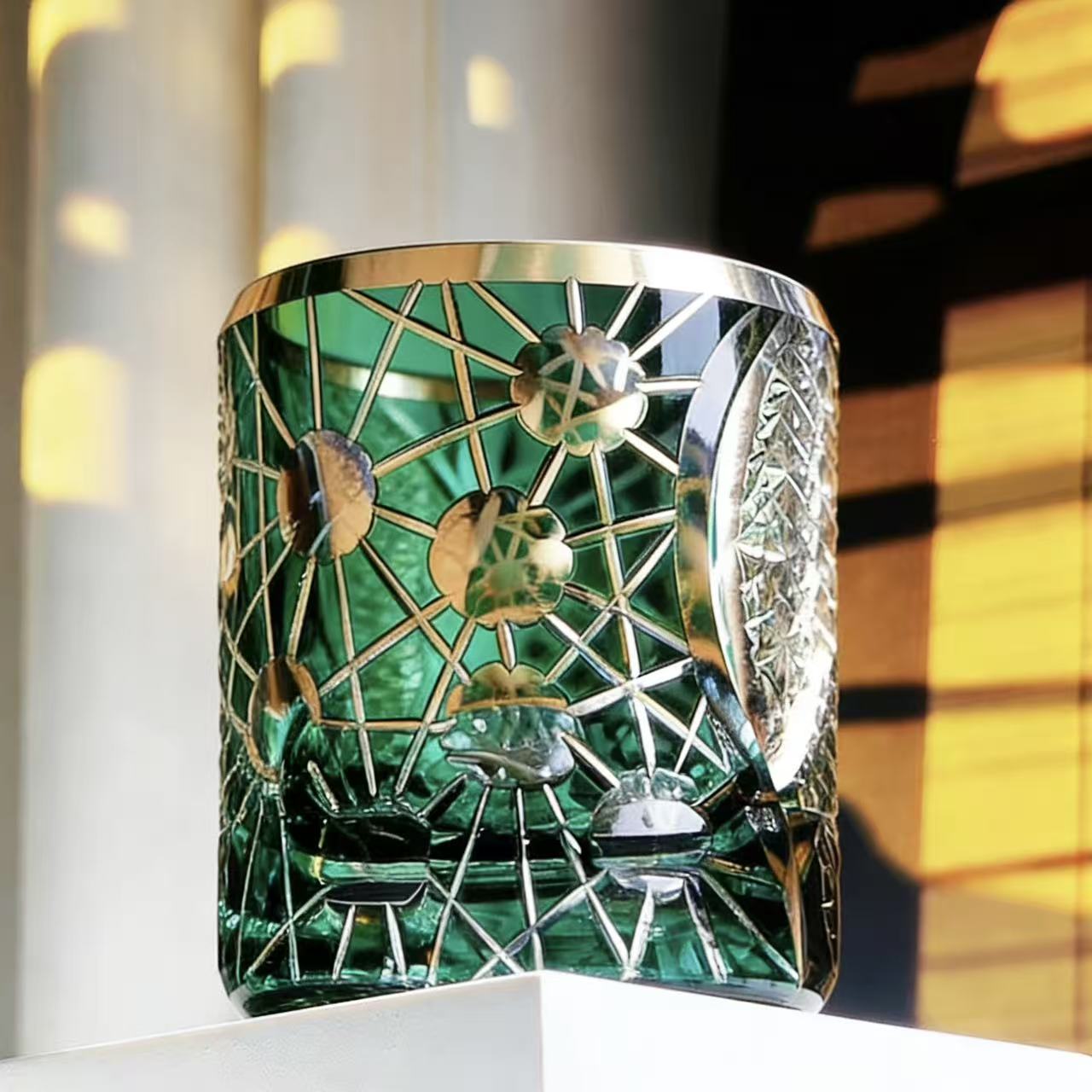 Green  Plum Web Edo Kiriko Crystal Glass | Luxury Handmade Gift