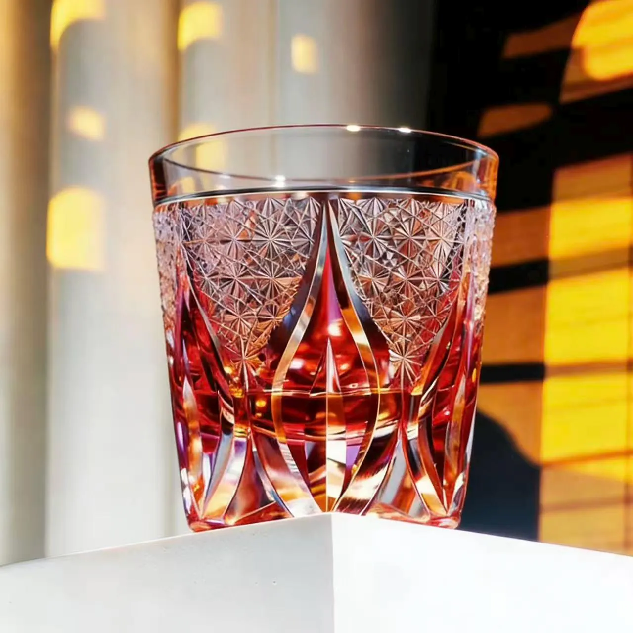 Red Flame Star Web Edo Kiriko Crystal Glass | Luxury Handmade Gift