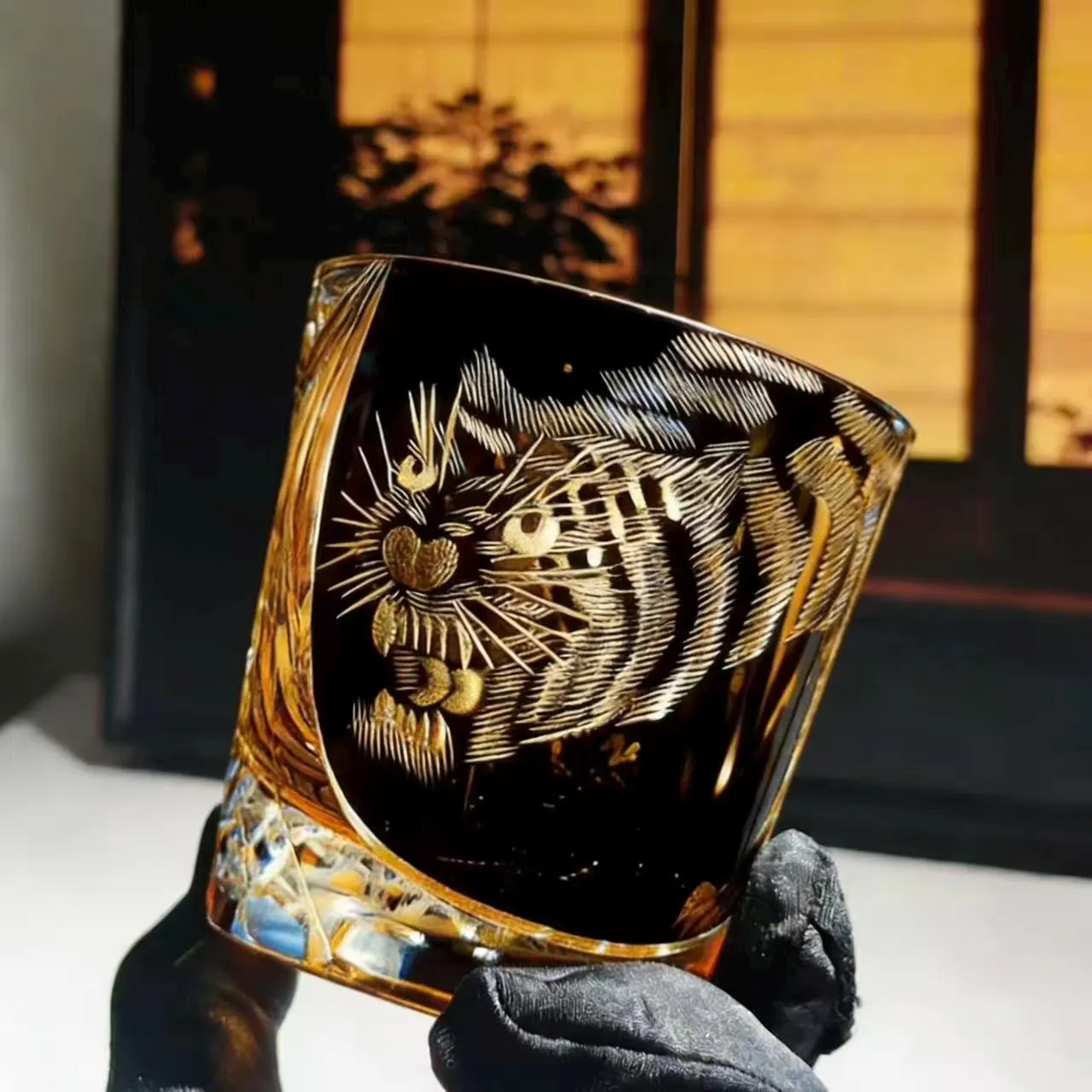 Black Gold Tiger Edo Kiriko Crystal Glass | Luxury Handmade Gift 