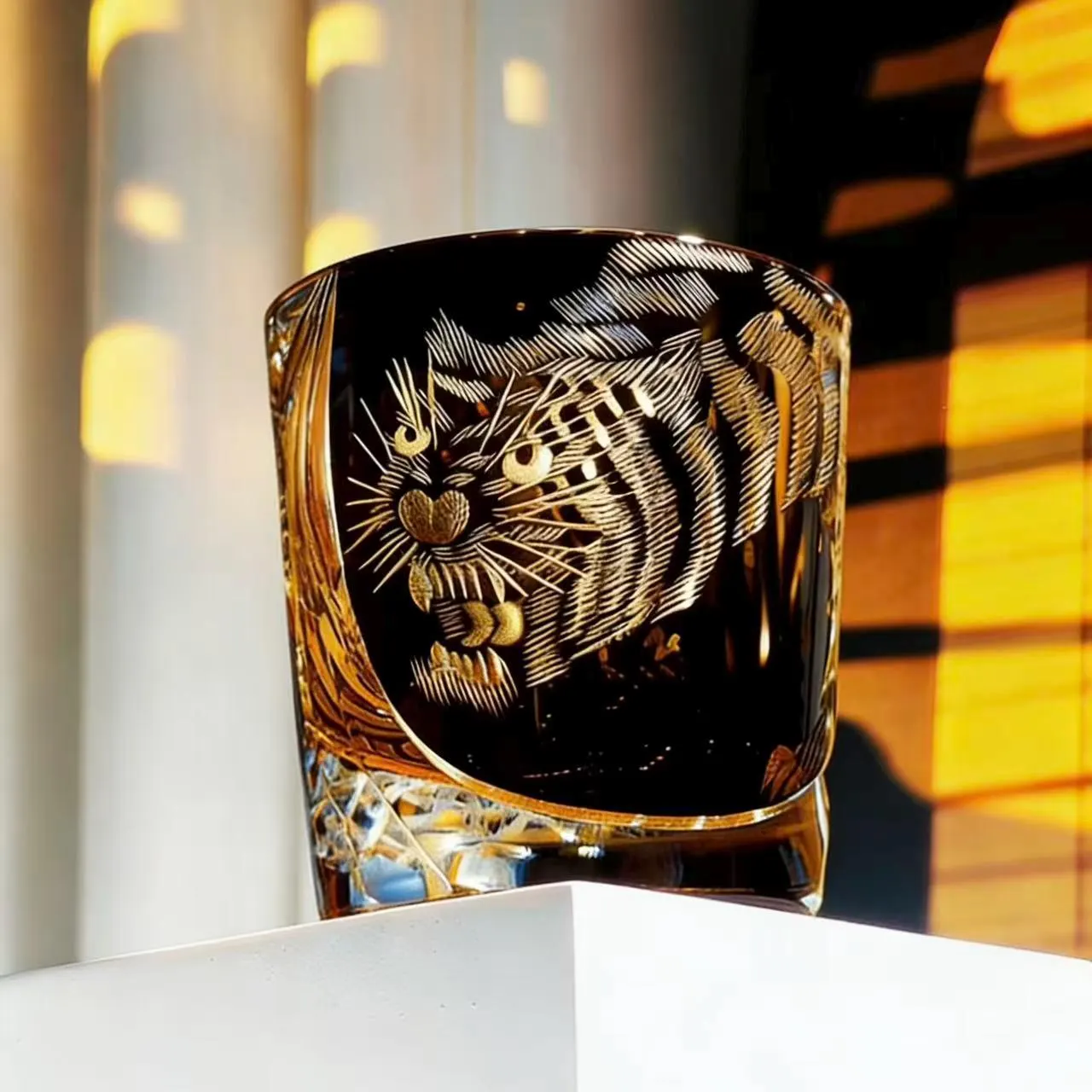 Black Gold Tiger Edo Kiriko Crystal Glass | Luxury Handmade Gift 