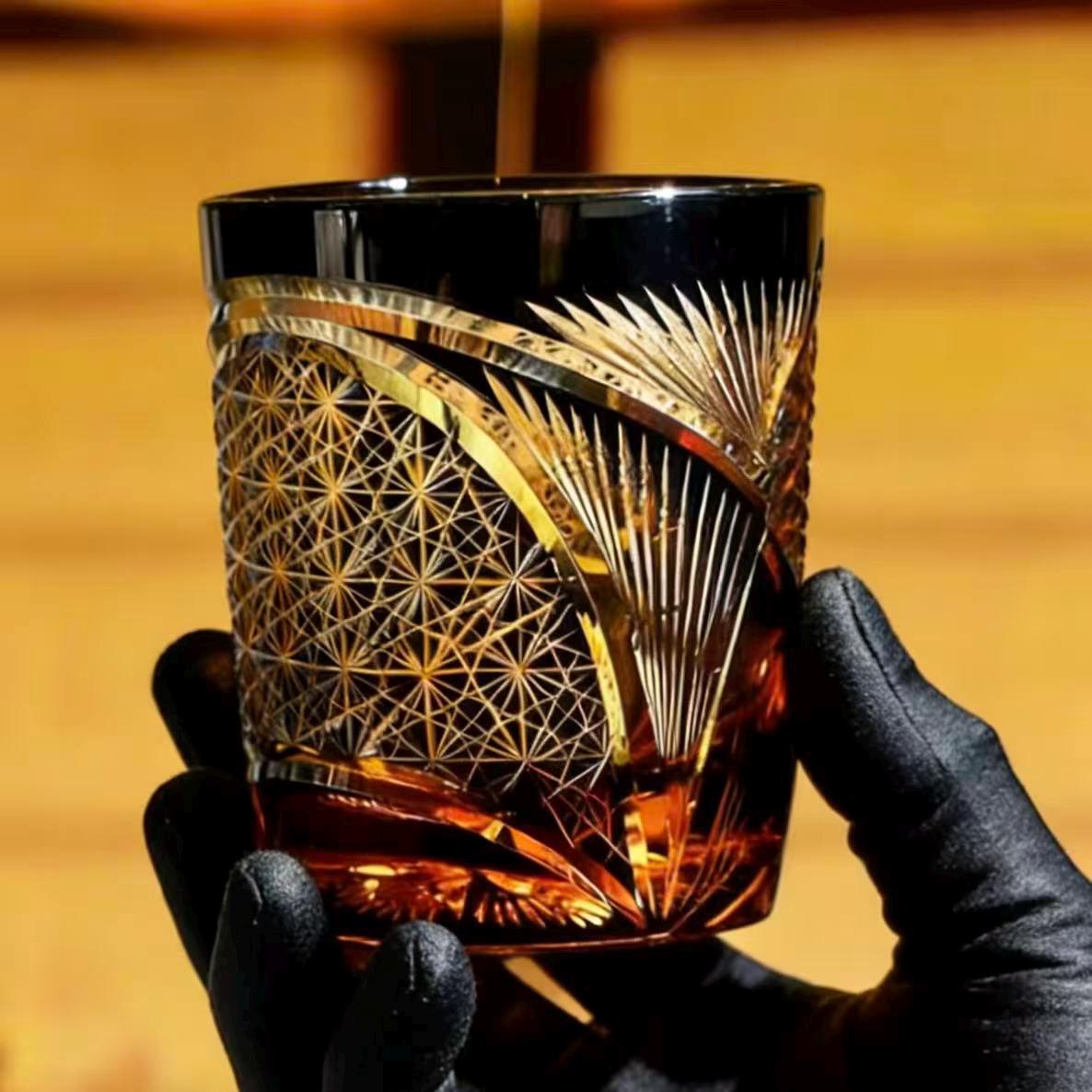 Black Gold Pine Star Web Edo Kiriko Glass | Luxury Handmade Gift 