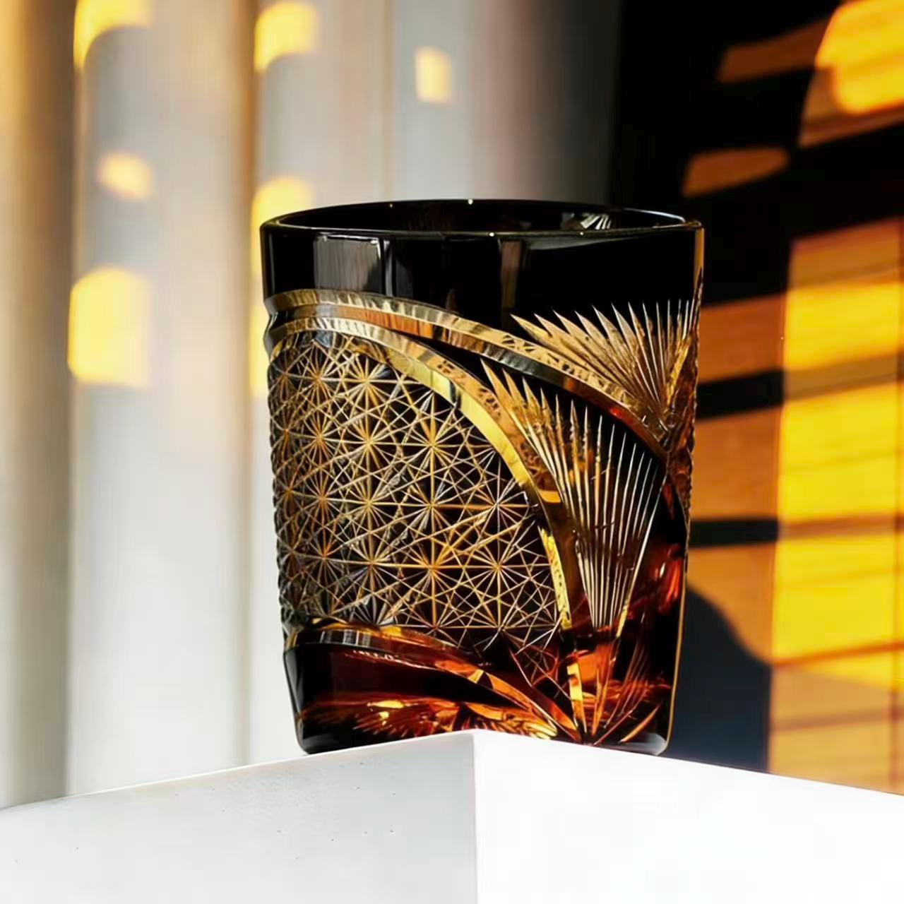 Black Gold Pine Star Web Edo Kiriko Glass | Luxury Handmade Gift 