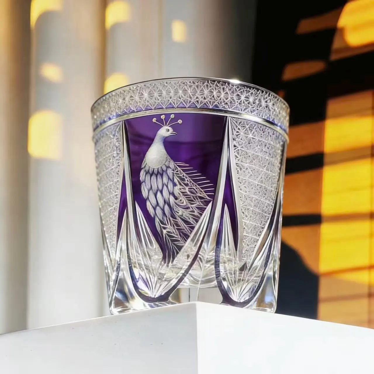 Purple Peacock Edo Kiriko Crystal Glass | Luxury Handmade Gift 