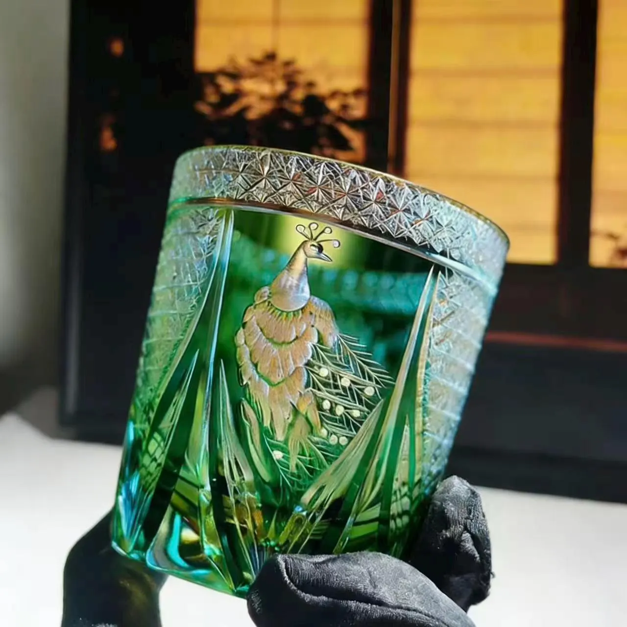 Purple Peacock Edo Kiriko Crystal Glass | Luxury Handmade Gift 