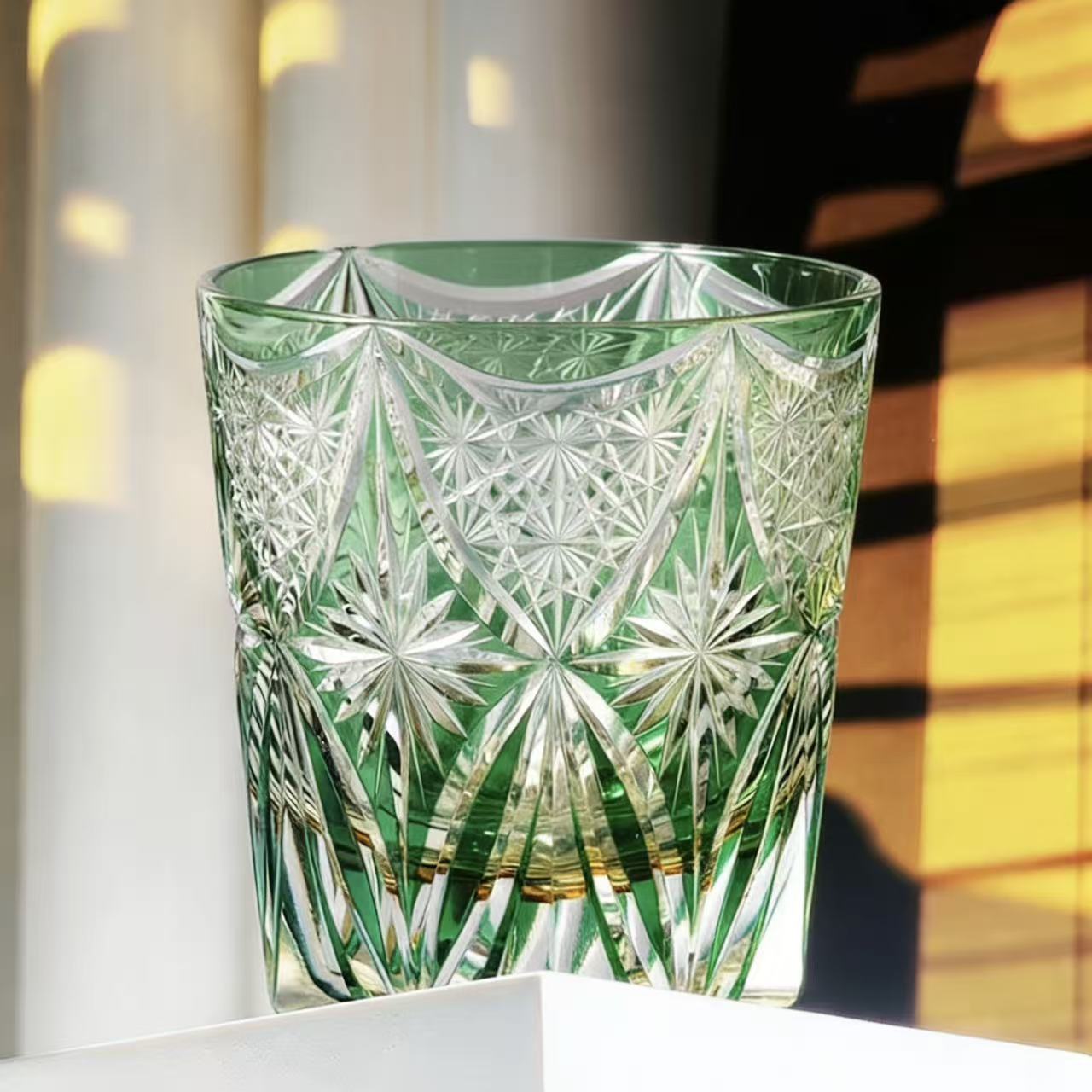 Green Star Web Wave Edo Kiriko Glass | Luxury Handmade Gift 🎁