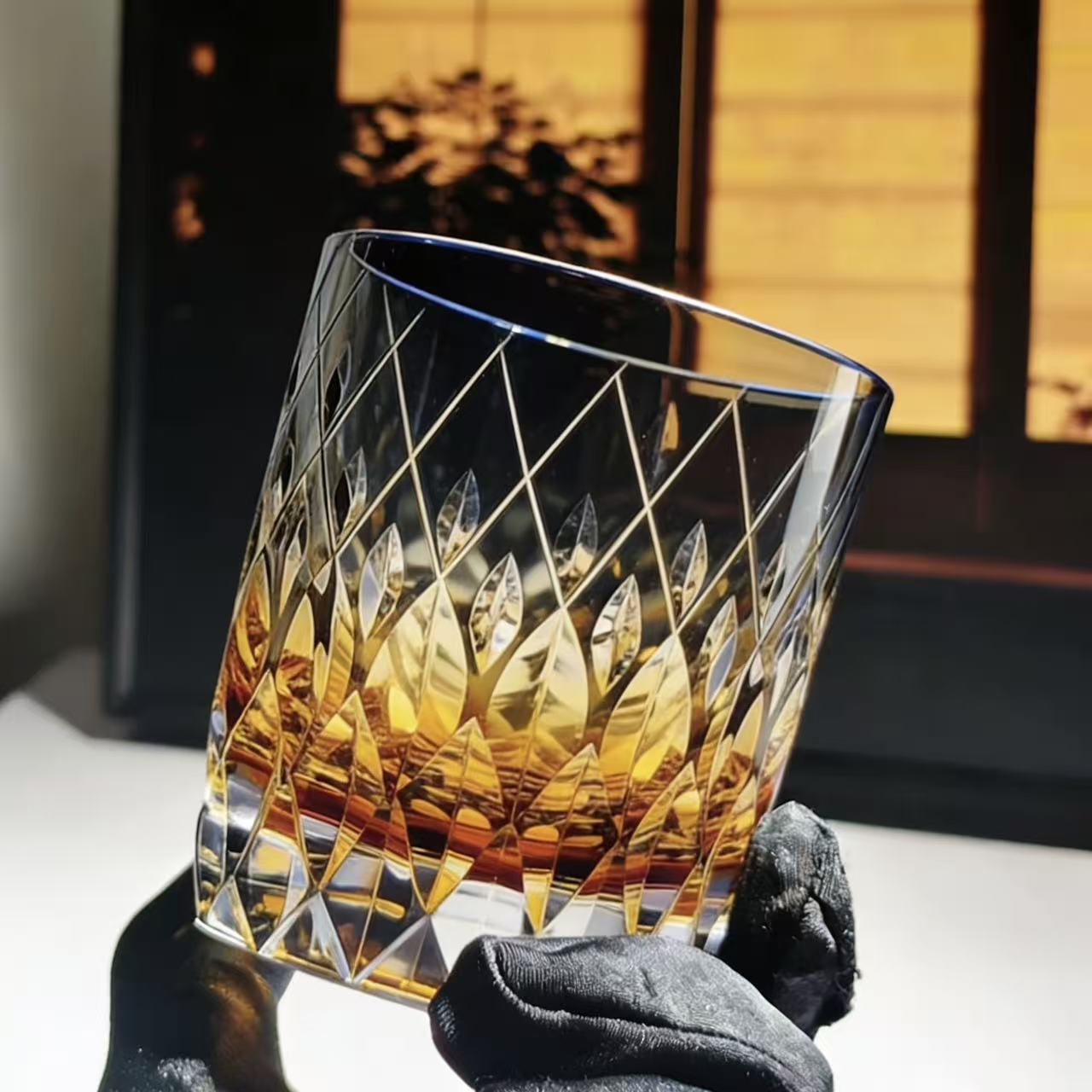 VSVEE Amber Diamond Drop Edo Kiriko Whiskey Glass | Handmade Luxury Gift