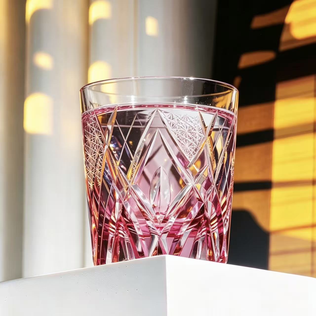 VSVEE Pink Edo Kiriko Whiskey Glass | Luxury Crystal Gif