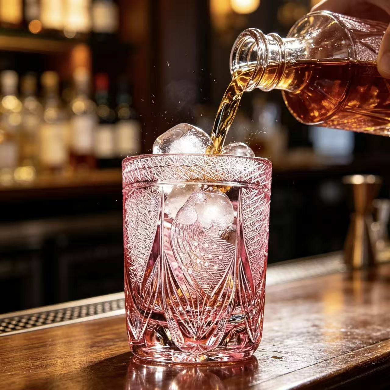 VSVEE Pink Peacock Edo Kiriko Whiskey Glass | Luxury Crystal Gift
