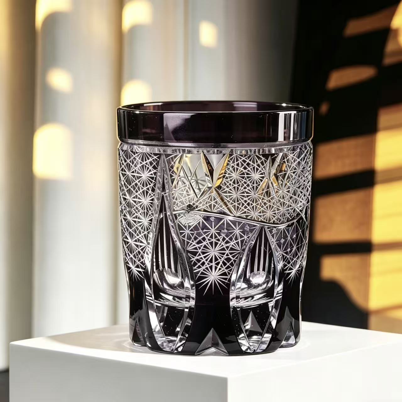 VSVEE Black Onyx Edo Kiriko Whiskey Glass | Luxury Crystal Gift