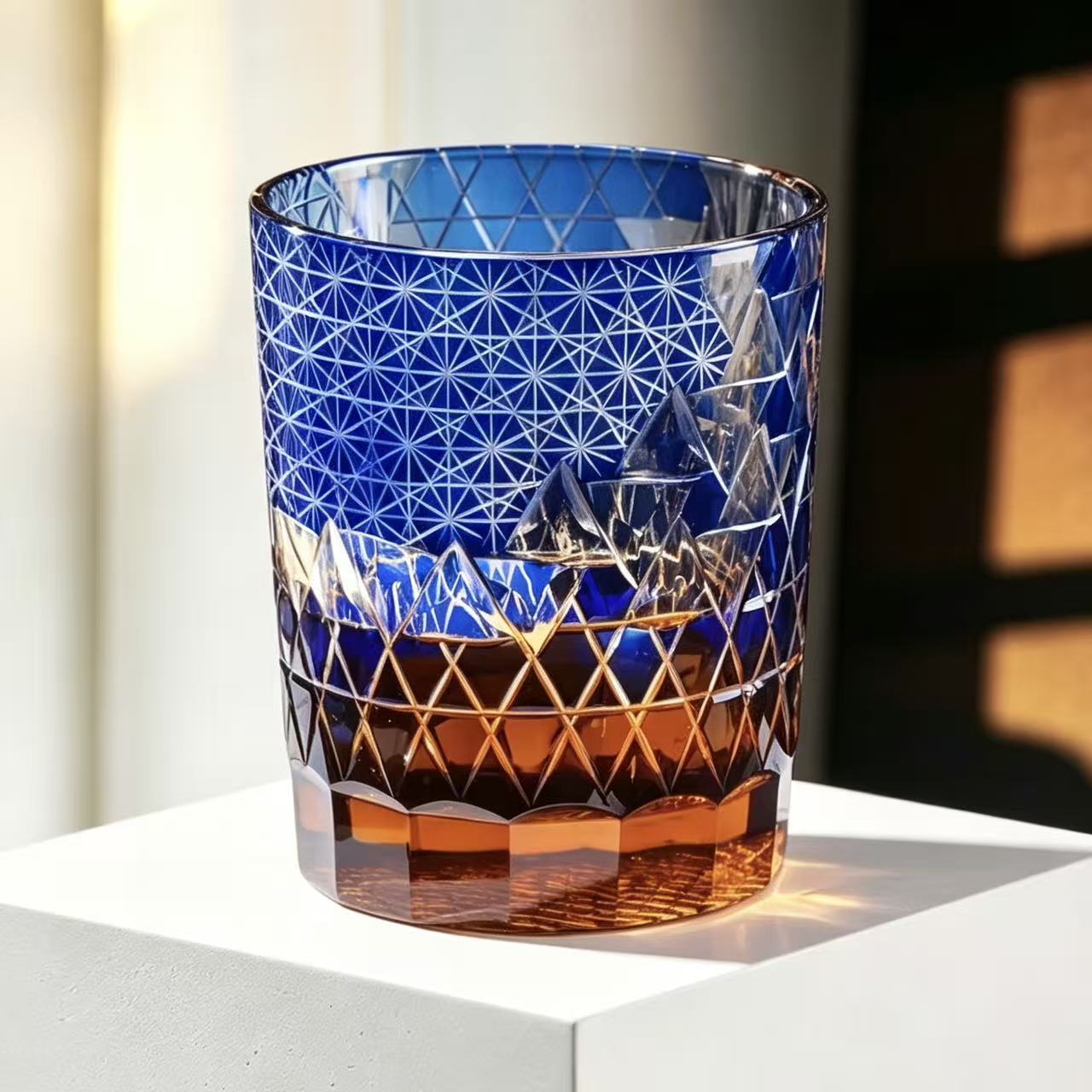 VSVEE Sapphire Amber Mountain Edo Kiriko Whiskey Glass | Luxury Crystal Gift