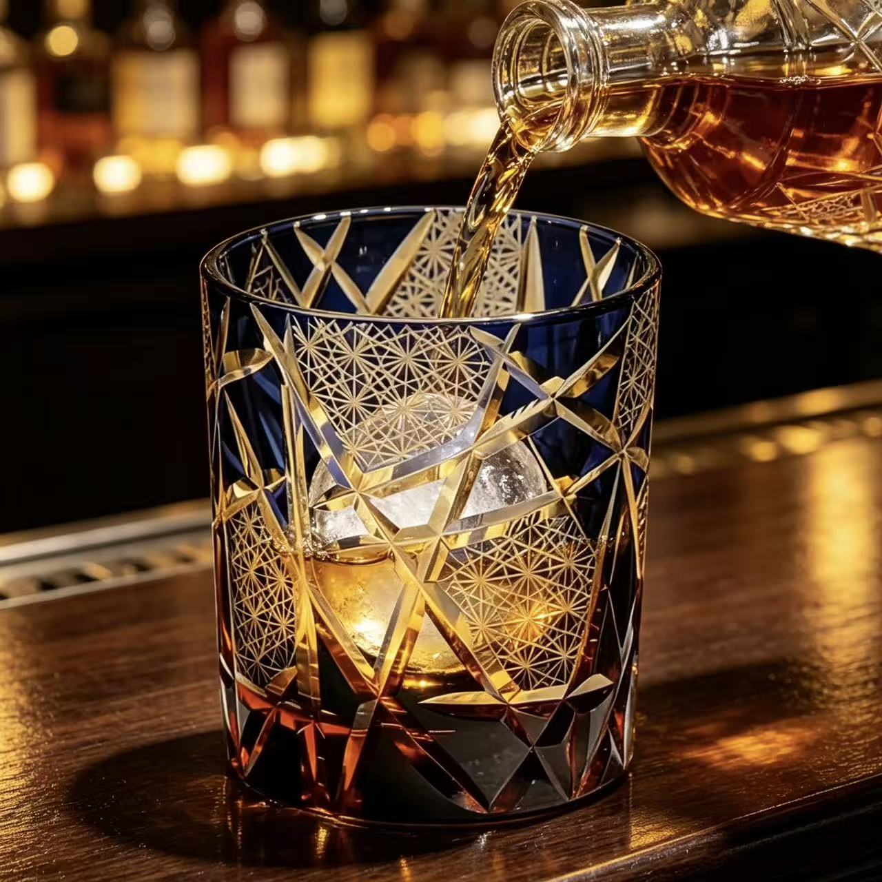 VSVEE Navy Geometric Edo Kiriko Whiskey Glass | Handcrafted Crystal Gift