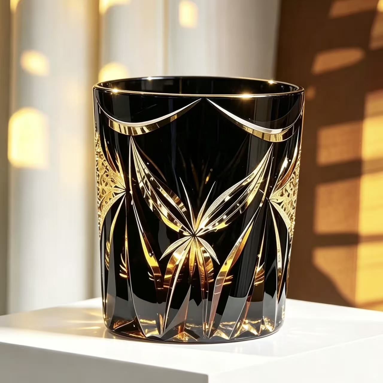 VSVEE Amber Black Starburst Edo Kiriko Whiskey Glass | Handcrafted Gift