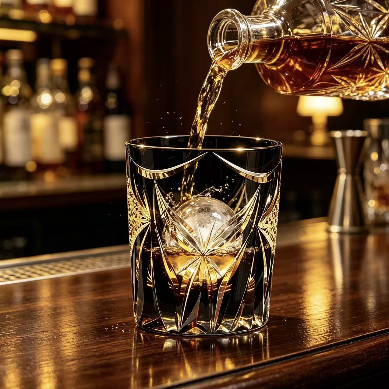 VSVEE Amber Black Starburst Edo Kiriko Whiskey Glass | Handcrafted Gift