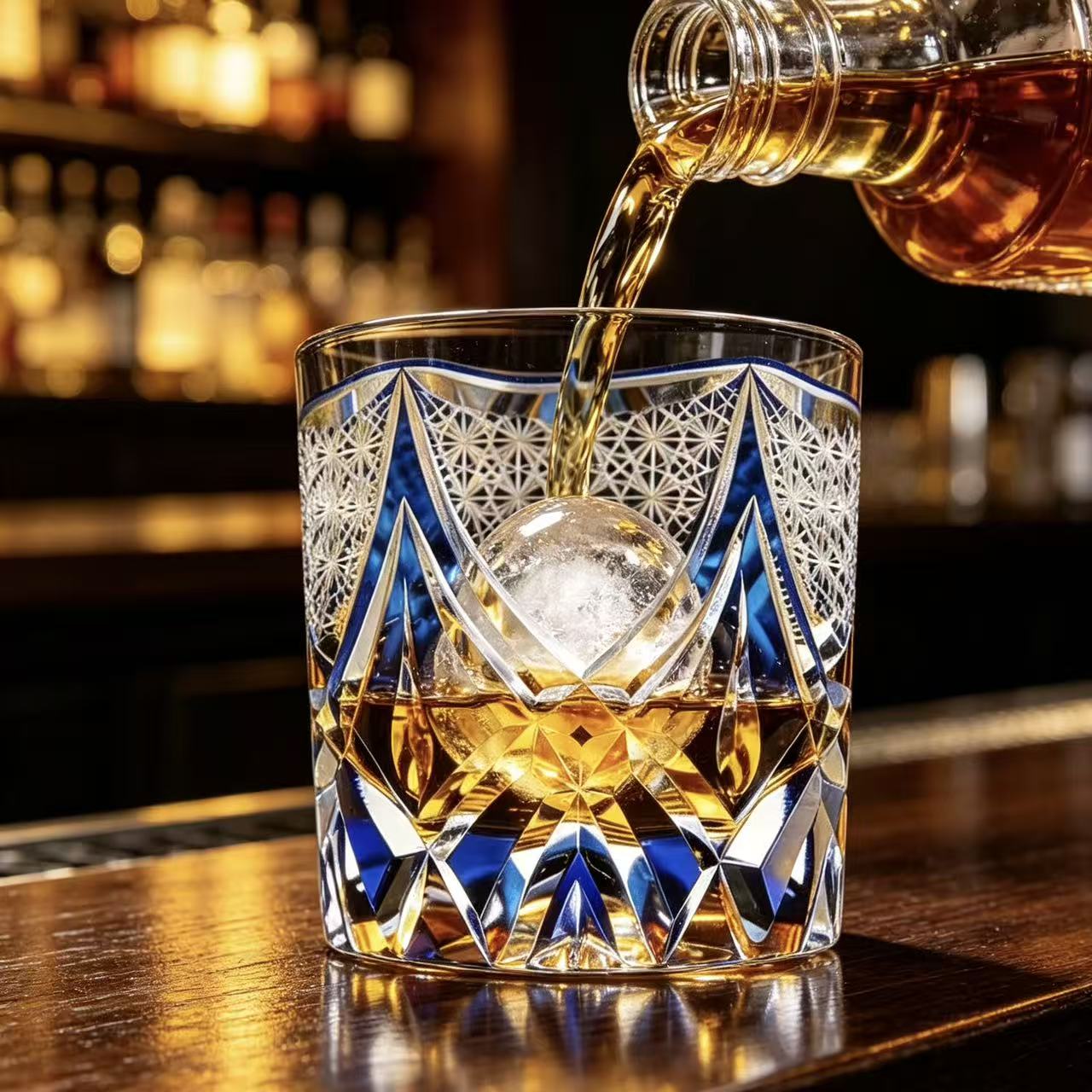 VSVEE Blue Gold Edo Kiriko Whiskey Glass | Handcrafted Crystal Gift