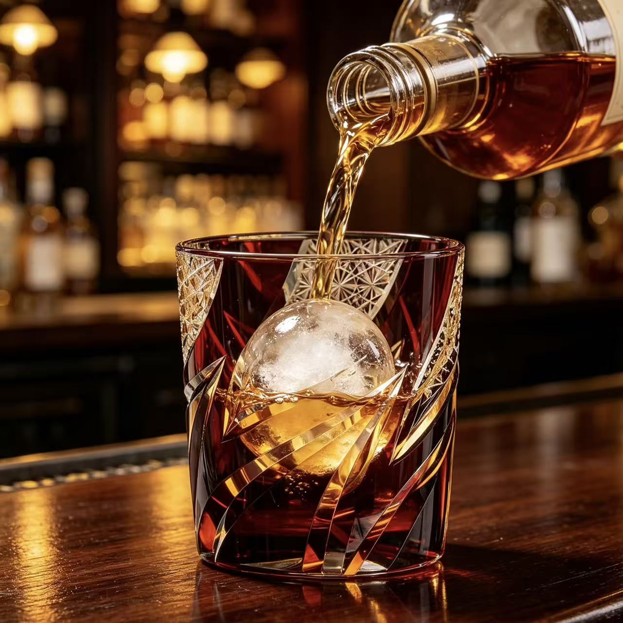 VSVEE Red Gold Swirl Edo Kiriko Whiskey Glass | Handcrafted Gift
