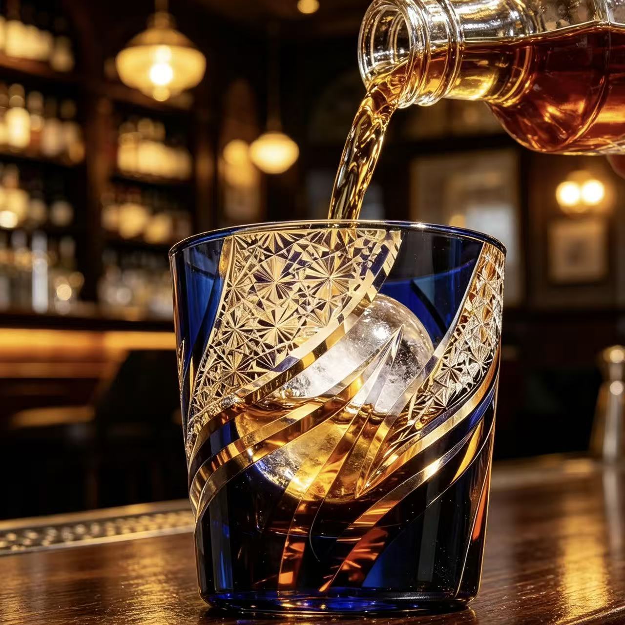 VSVEE Blue Gold Swirl Edo Kiriko Whiskey Glass | Handcrafted Gift