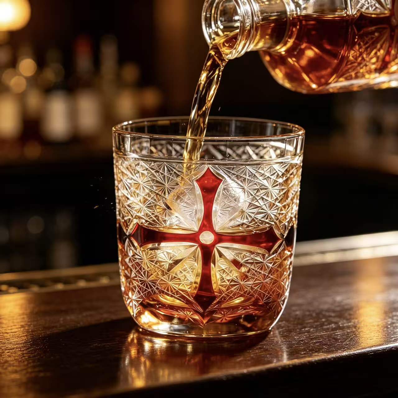 VSVEE Amber Red Cross Star Edo Kiriko Whiskey Glass | Luxury Handmade Gift