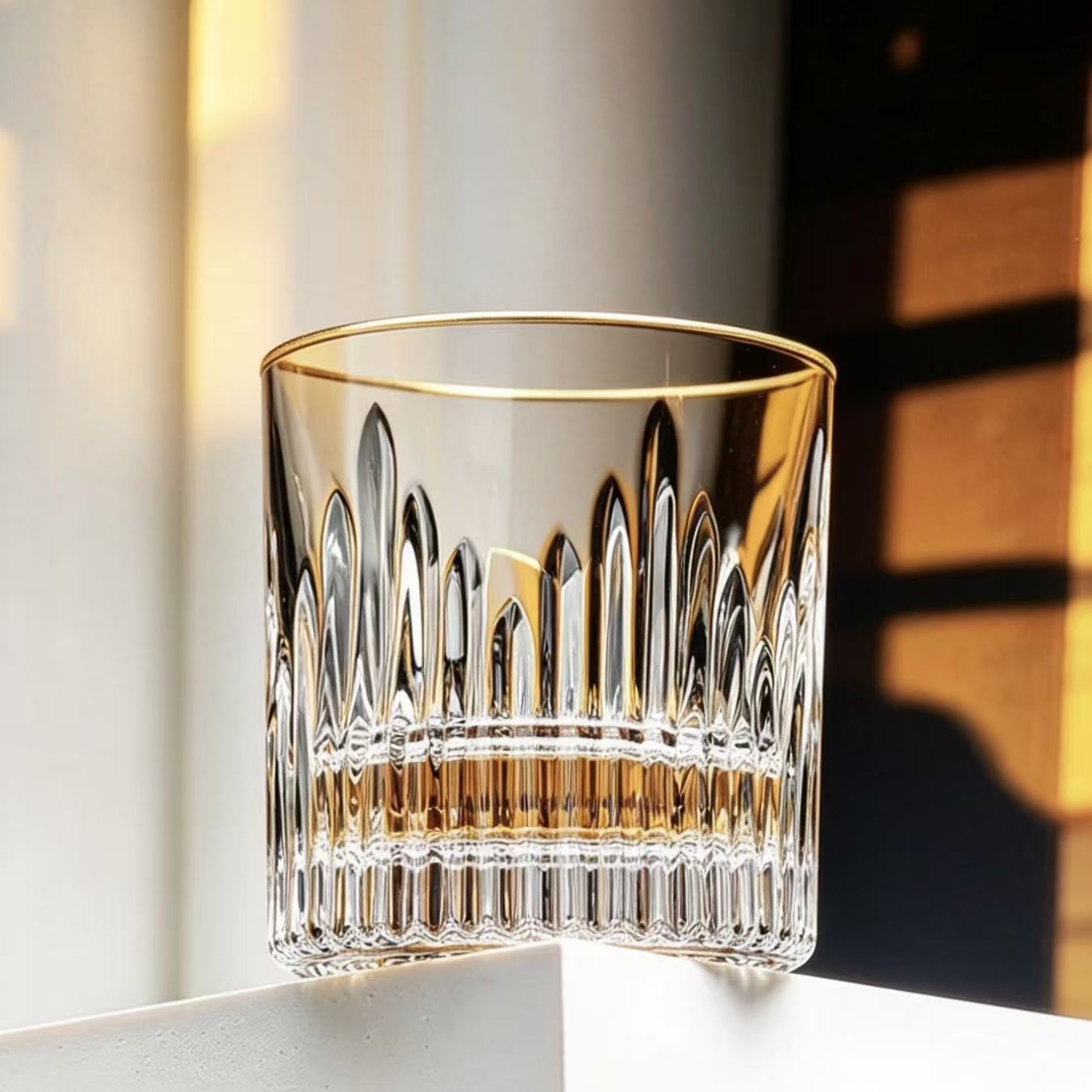 VSVEE Gold Rim Vertical Cut Edo Kiriko Whiskey Glass | Luxury Crystal Gift