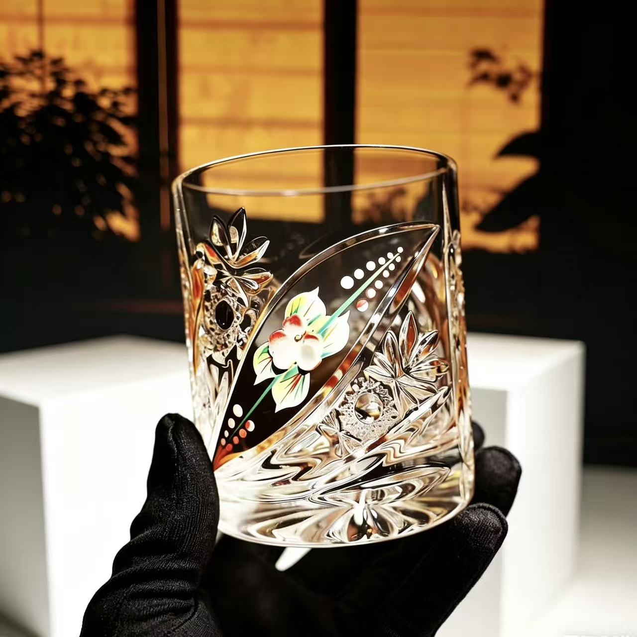 VSVEE Clear Enamel Floral  Whiskey Glass | Luxury Handmade Gift