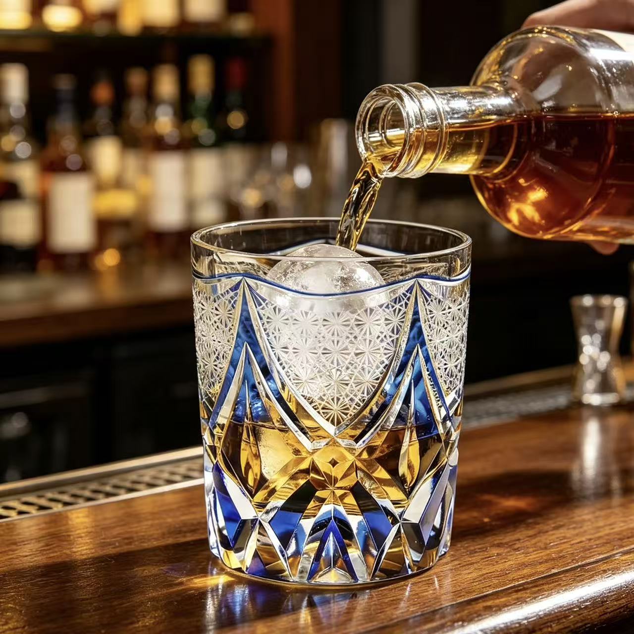 VSVEE Blue Gold Diamond Star Edo Kiriko  Whiskey Glass | Luxury Handmade Gift
