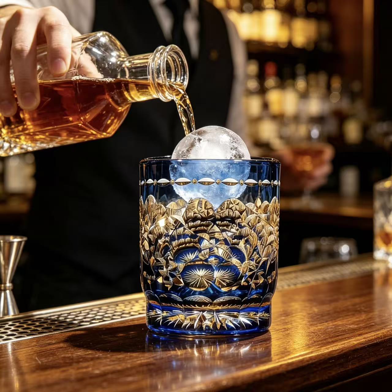 VSVEE Blue Gold Pine Edo Kiriko Whiskey Glass | Luxury Hand Cut Crystal Tumbler