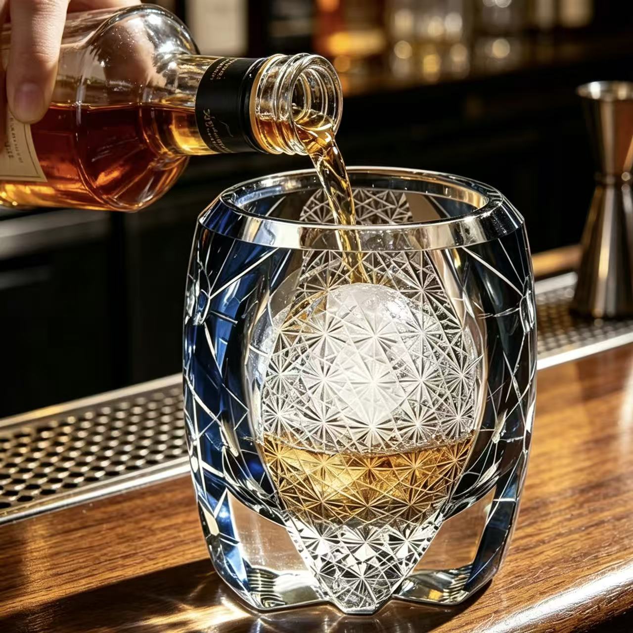 VSVEE Blue Geometric Edo Kiriko Whiskey Glass | Luxury Hand Cut Crystal Tumbler