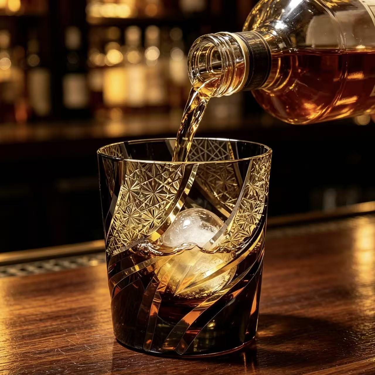 VSVEE Amber Wave Star Edo Kiriko  Whiskey Glass | Luxury Hand Cut Crystal Tumbler