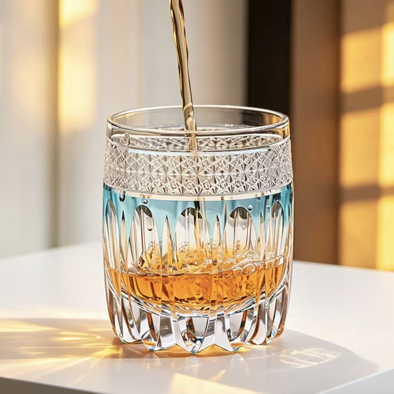 VSVEE Light Blue Two-Tier Edo Kiriko Whiskey Glass | Luxury Crystal Gift