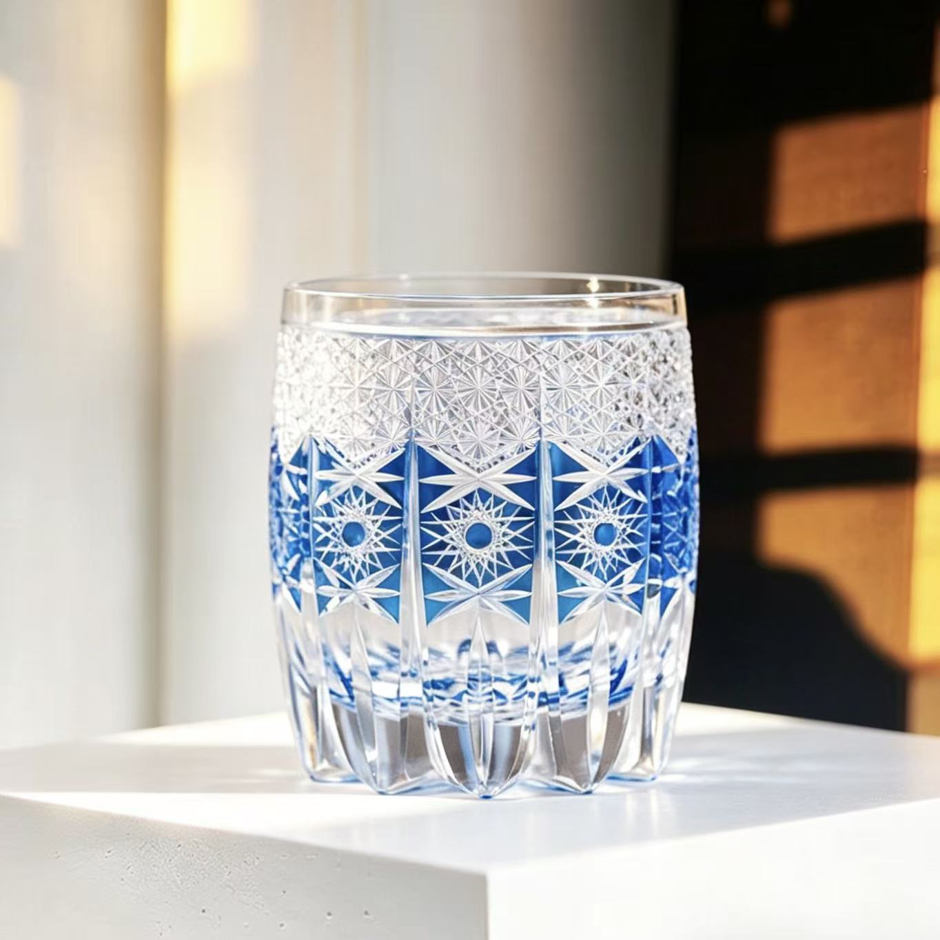 VSVEE Sapphire Sunburst Edo Kiriko Whiskey Glass | Luxury Crystal Gift