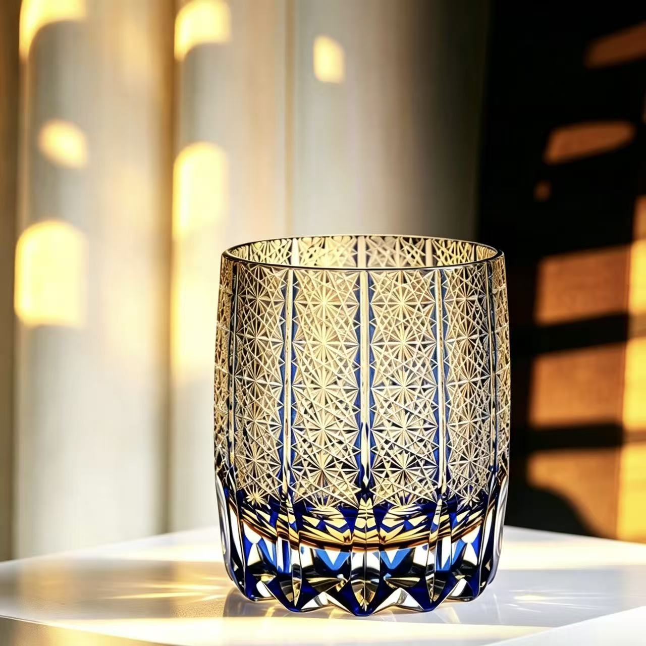 VSVEE Sapphire Vertical Starburst Edo Kiriko Whiskey Glass | Luxury Crystal Gift