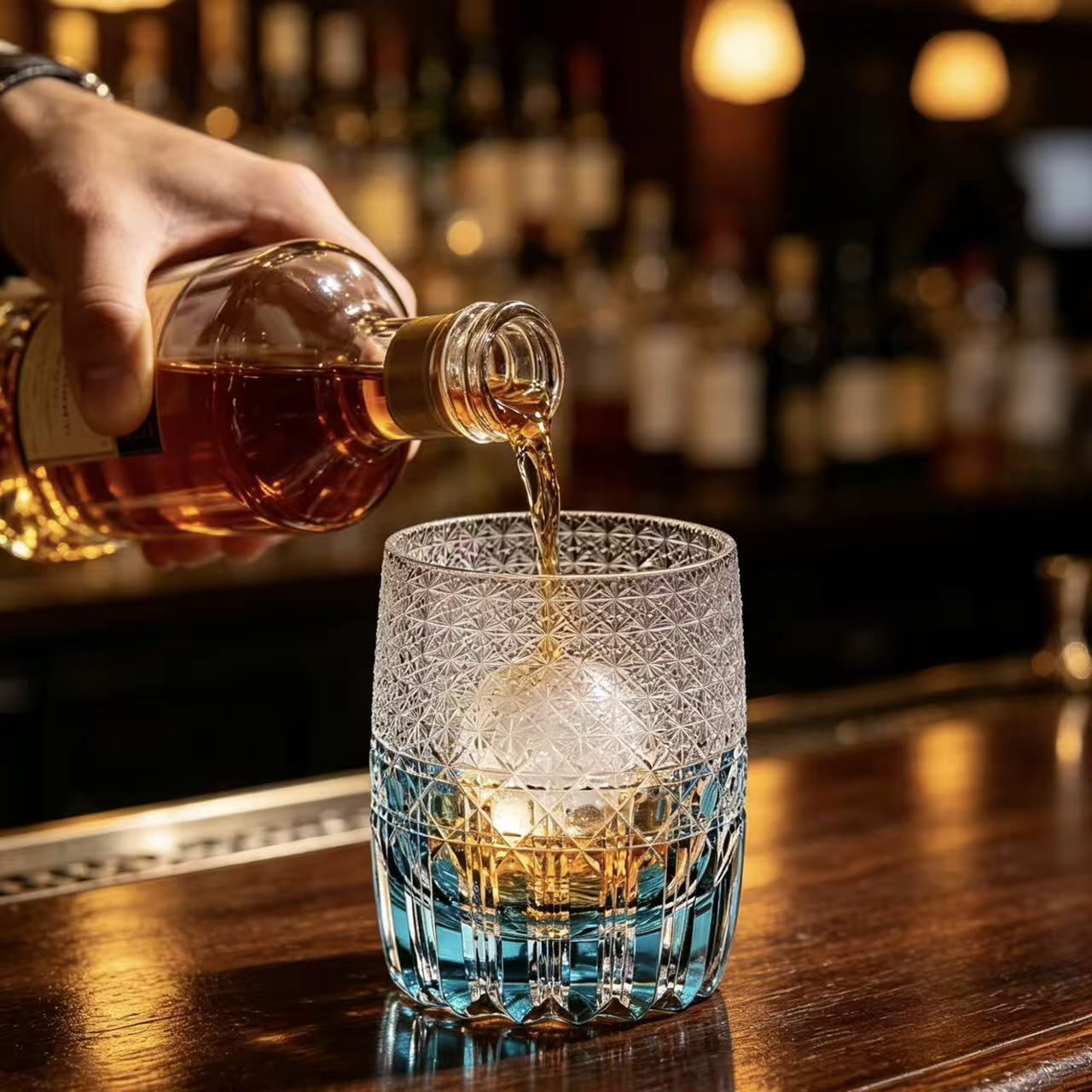 VSVEE Sky Blue Dual-Pattern Edo Kiriko  Carving Whiskey Glass | Luxury Crystal Gift
