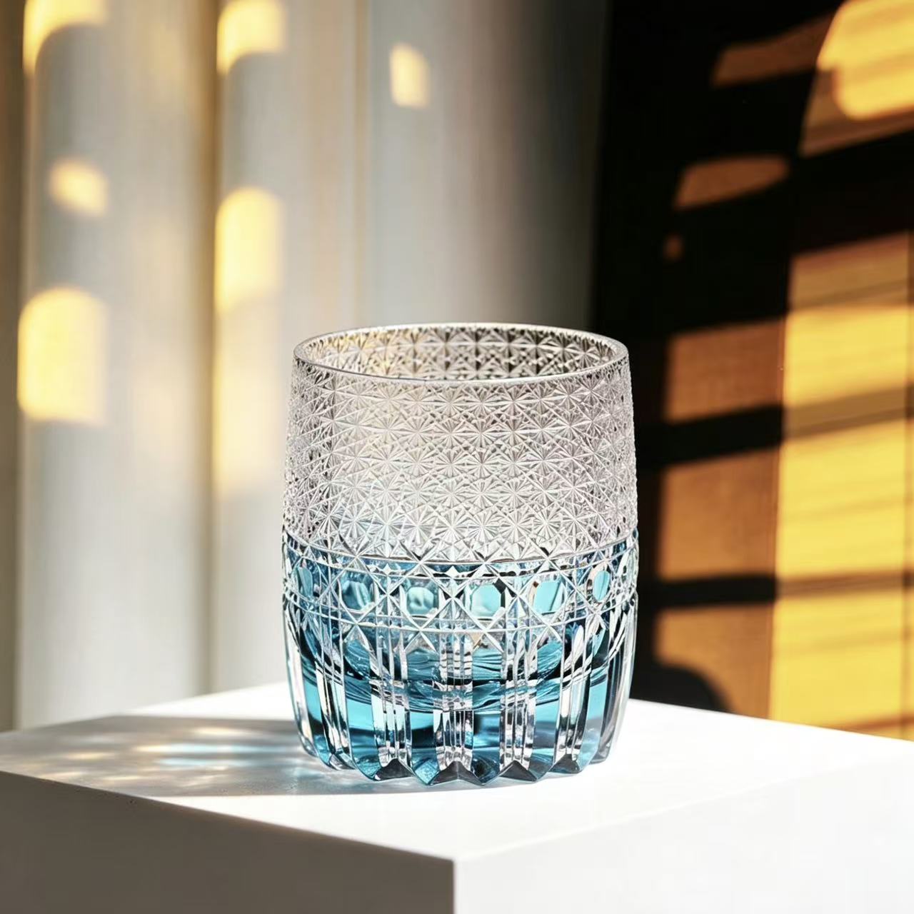 VSVEE Sky Blue Dual-Pattern Edo Kiriko  Carving Whiskey Glass | Luxury Crystal Gift