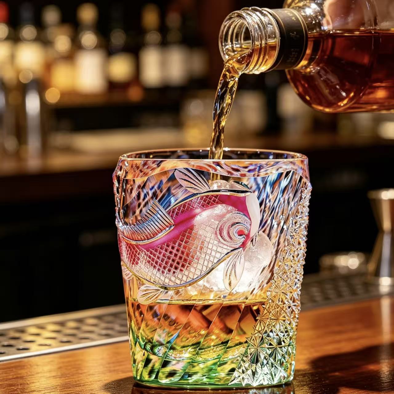 VSVEE Rainbow Koi Fish  Edo Kiriko  Carving Whiskey Glass | Luxury Crystal Gift