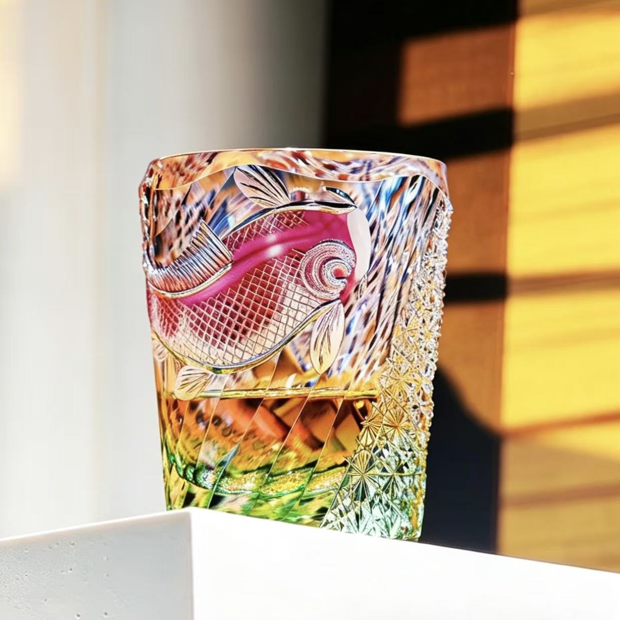 VSVEE Rainbow Koi Fish  Edo Kiriko  Carving Whiskey Glass | Luxury Crystal Gift