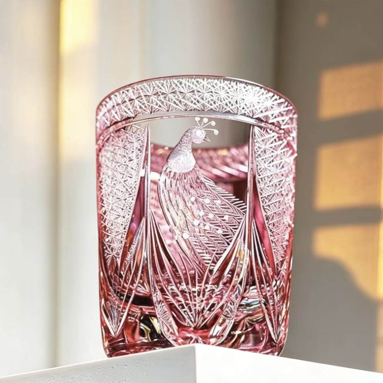 VSVEE Pink Peacock Edo Kiriko Whiskey Glass | Luxury Crystal Gift