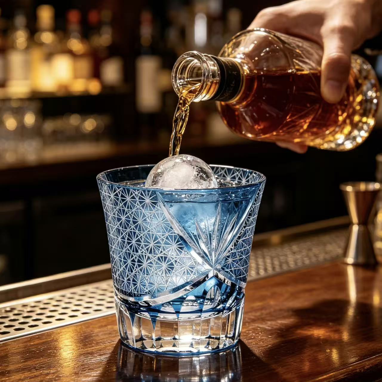 VSVEE Ocean Blue Crossed Starburst Crystal Whiskey Glass | Luxury Gift