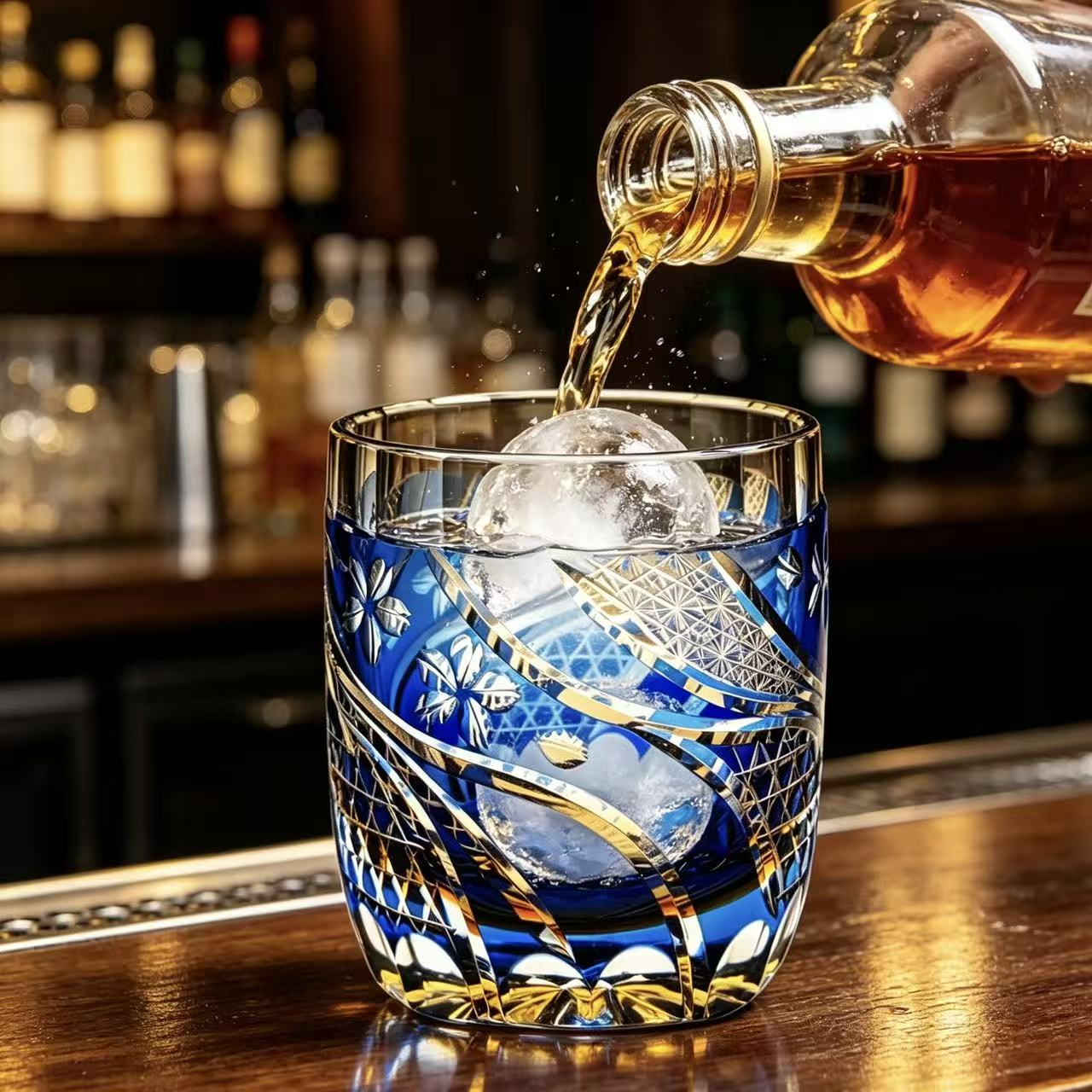 VSVEE Cobalt Blue Floral & Geometric Edo Kiriko Whiskey Glass | Luxury Crystal Gift